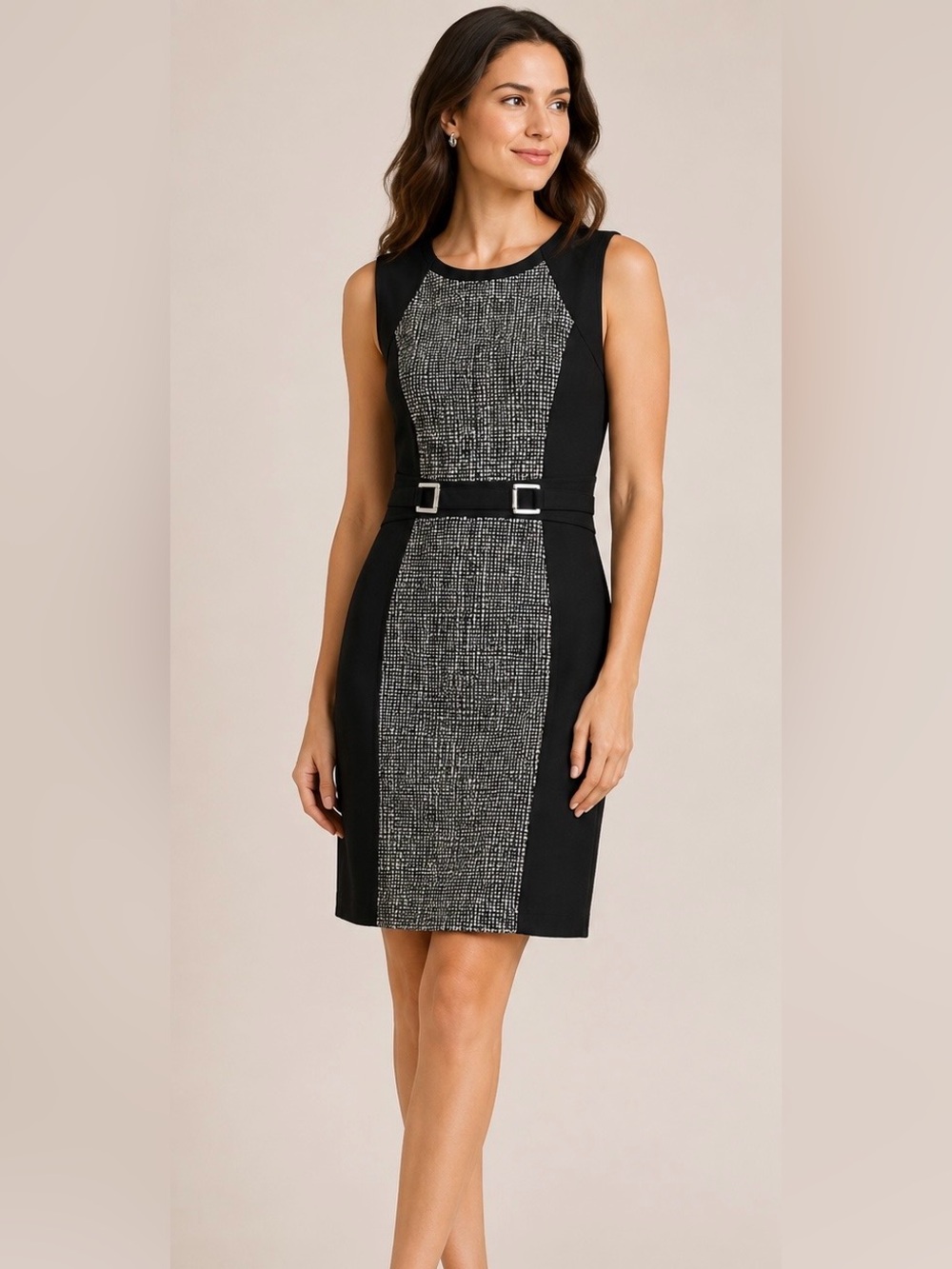 White House Black Market Black and Gray Tweed Sheath Dress Color Block